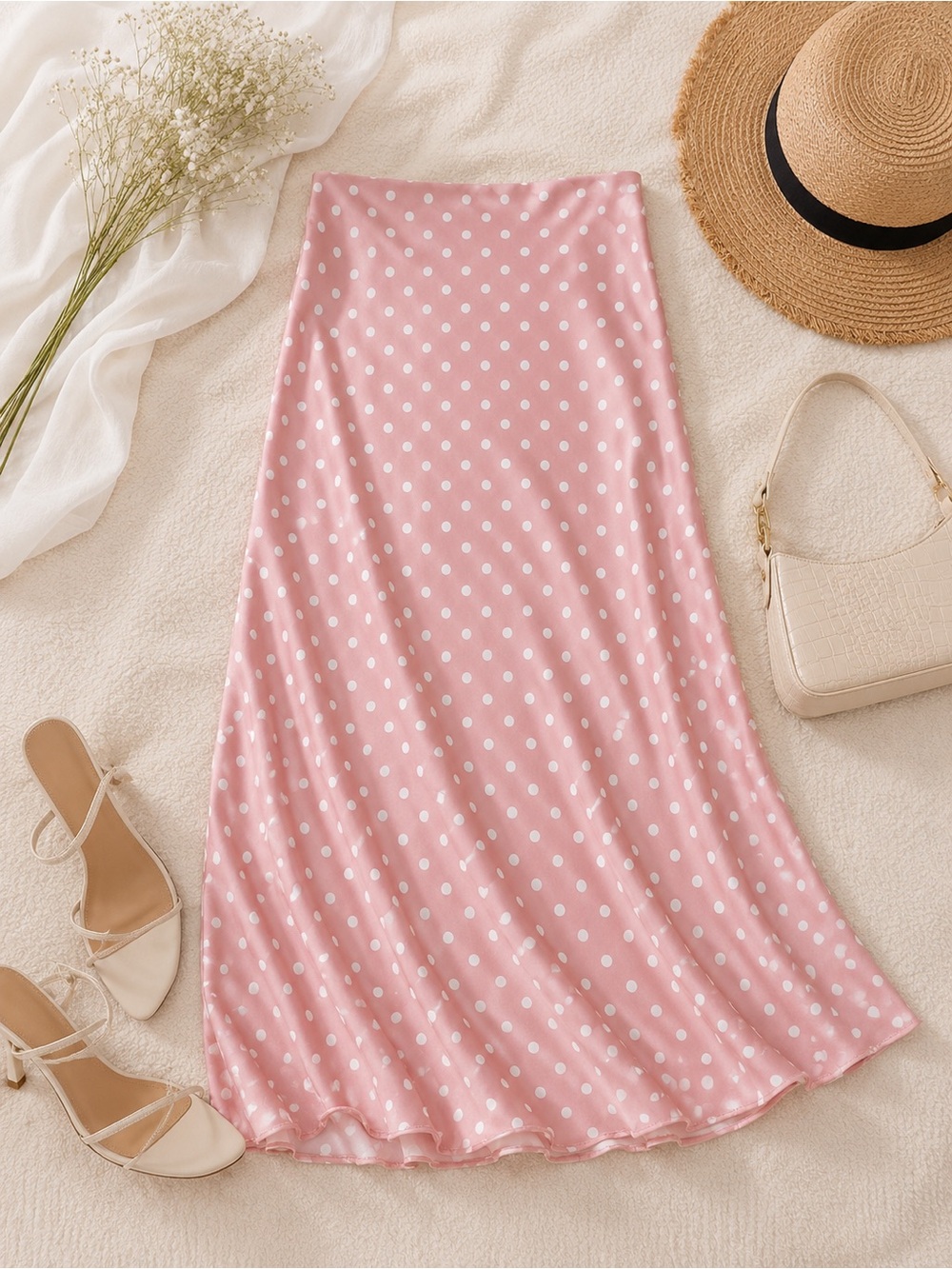 Polka Dot Pink A-Line Midi Skirt Light Pink